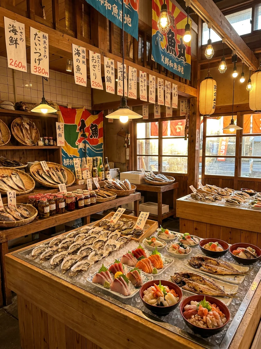 氷を敷いたケースに魚介が整然と並ぶ市場の鮮魚売り場