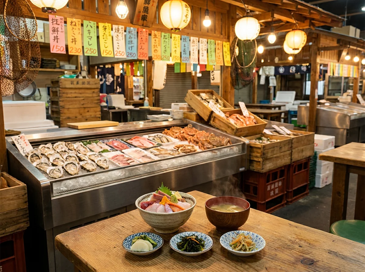 木製の卓上に並べた海鮮丼と味噌汁と小鉢の食事風景