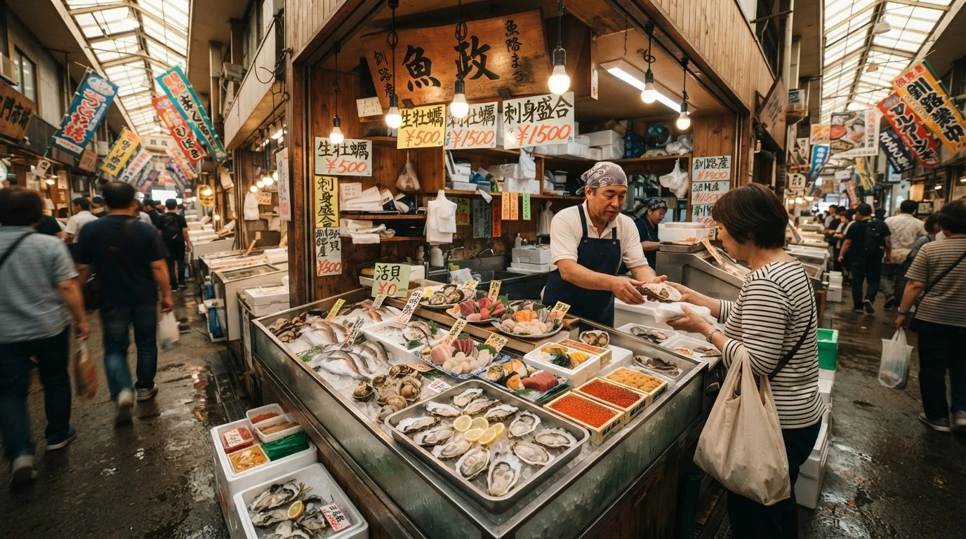 釧路和商市場の通路から見た明るい鮮魚店の店頭
