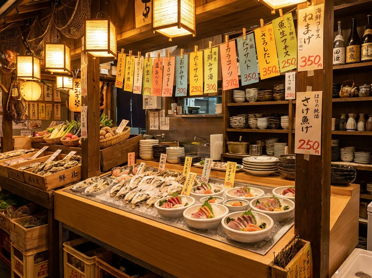 網の上で焼き色がついた魚の切り身と貝を並べた料理